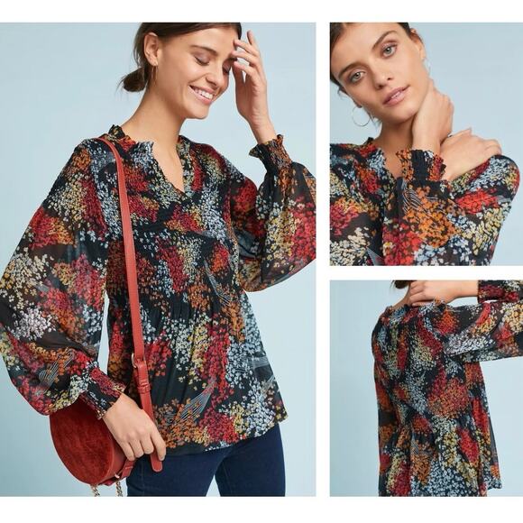 Anthropologie Akemi + Kin Adria Smocked Floral Top Black Multicolor - Size M - Picture 1 of 8